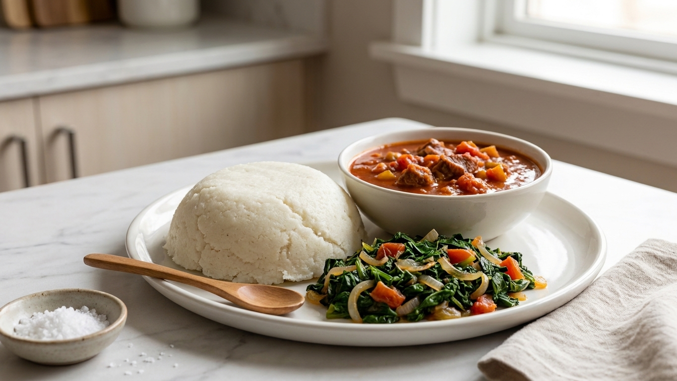 A plated mound of ugali on a white plate with sukuma wiki and a rich tomato stew on the side, warm kitchen table setting with natural light
