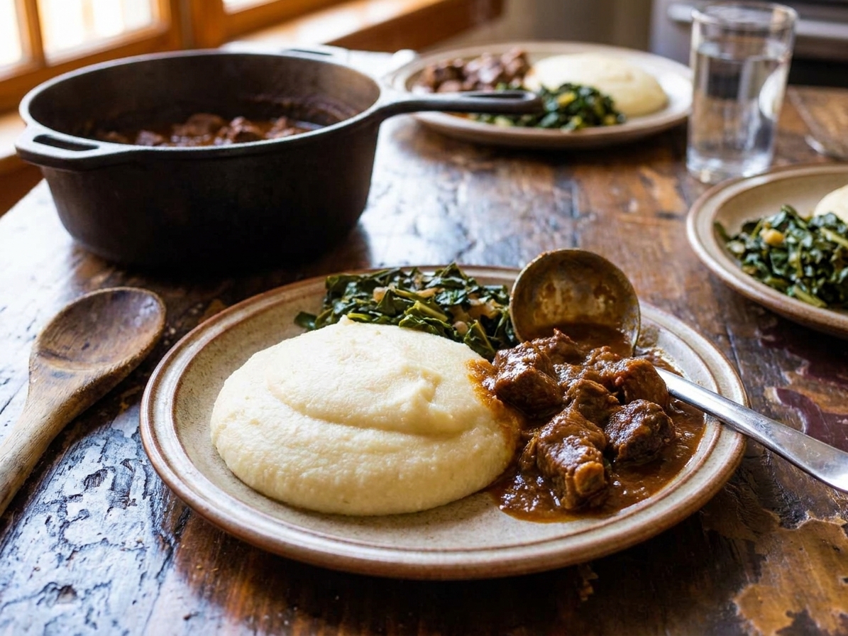 A plated mound of ugali with a ladle of rich stew and sautéed greens on the side, set on a family dinner table