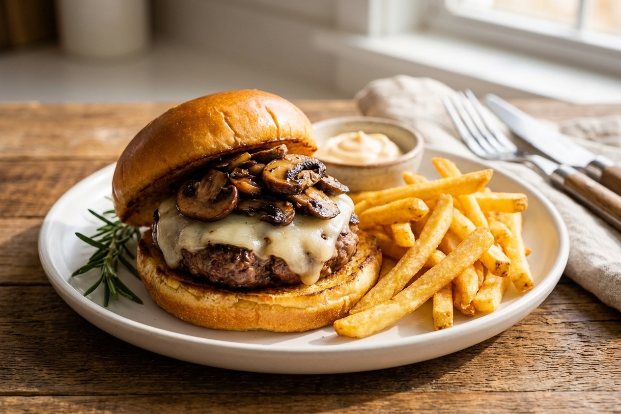 A plated mushroom Swiss burger with melted Swiss cheese and glossy sautéed mushrooms on a toasted bun, served with fries on a wooden table in warm kitchen lighting