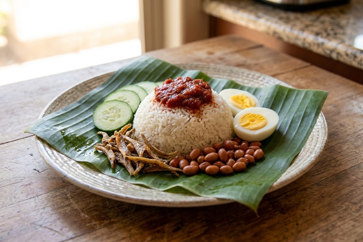 A plated nasi lemak on a banana leaf lined plate with coconut rice, sambal, crispy anchovies, peanuts, cucumber slices, and a halved boiled egg on a wooden table in warm natural light