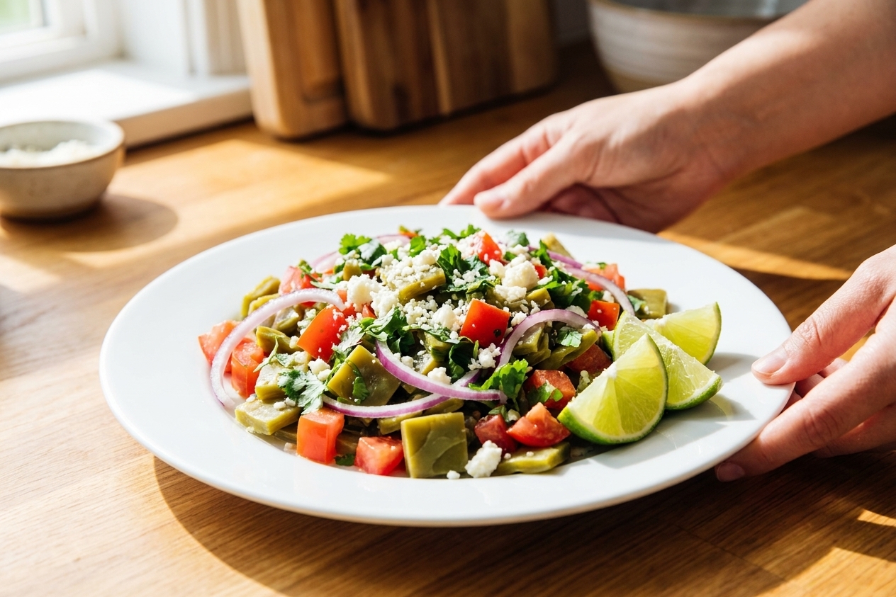 A plated nopales salad with diced tomatoes, sliced red onion, cilantro, and crumbled cotija cheese, with lime wedges on a simple white plate on a sunlit kitchen table