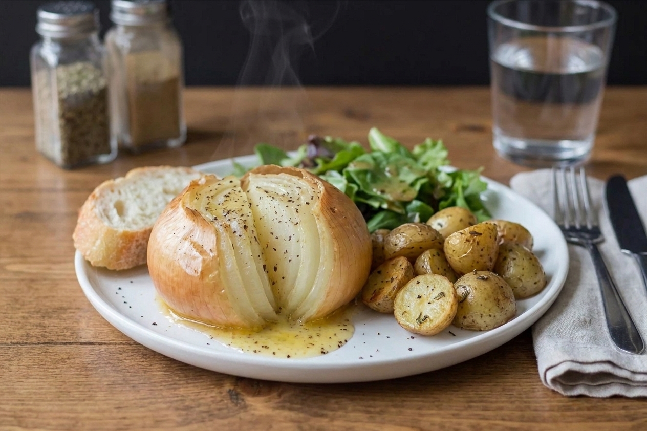 A plated onion boil with butter sauce on a white plate, served alongside a simple weeknight dinner on a wooden table
