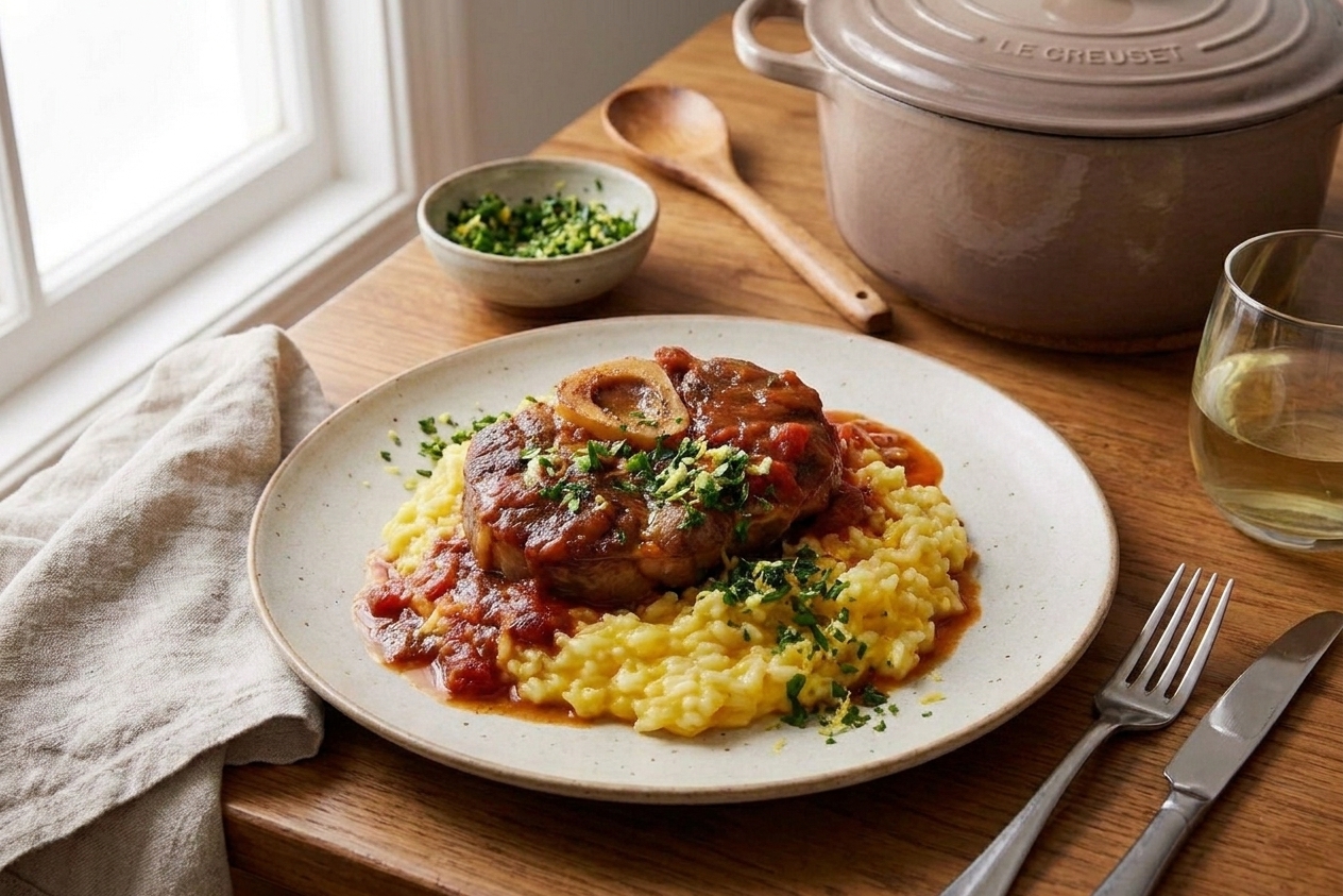 A plated osso buco with a glossy tomato-wine sauce, bright green gremolata on top, and creamy risotto on a warm-toned dinner table with simple linens