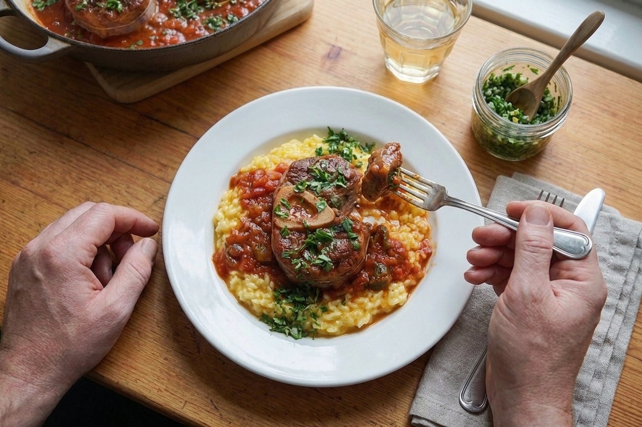 A plated osso buco with a glossy tomato-wine sauce, scattered gremolata, and creamy risotto on a white dinner plate at a warmly lit table