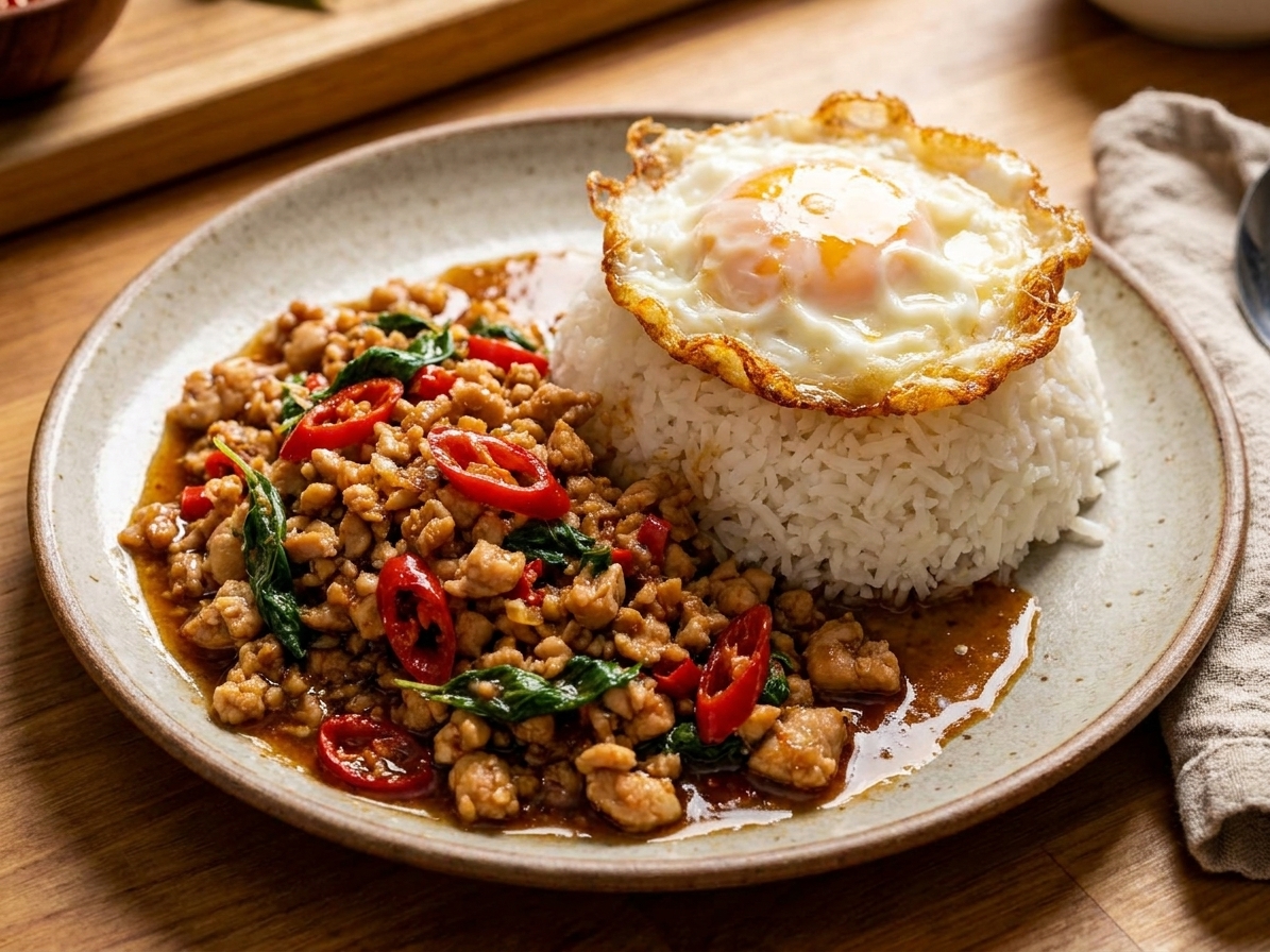 A plated pad krapow style basil stir-fry served over jasmine rice with a crispy-edged fried egg on top, on a simple ceramic plate at a warmly lit kitchen table