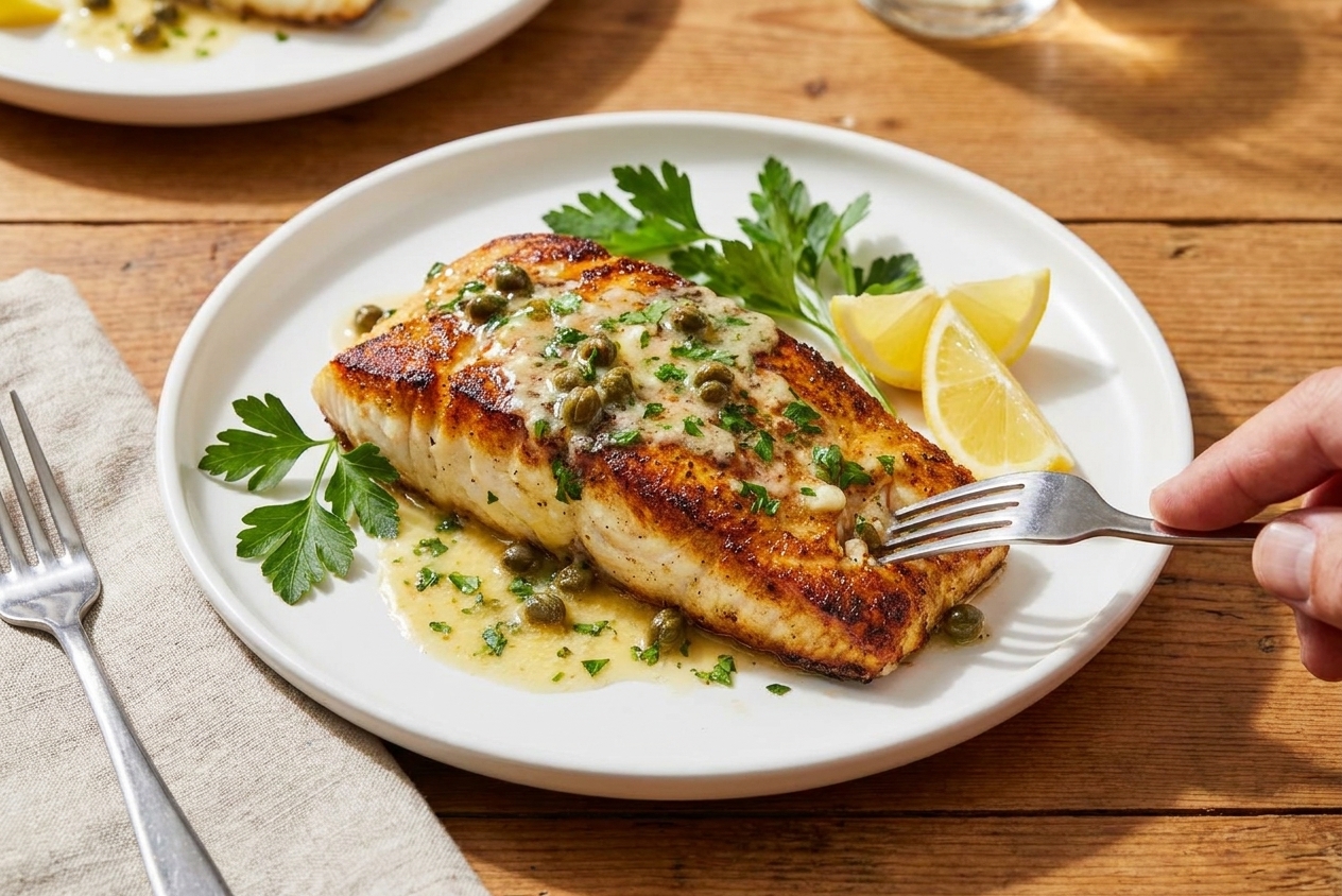 A plated pan-seared halibut fillet with crisp golden edges topped with lemon caper butter, served on a white plate with parsley and lemon wedges on a warm kitchen table