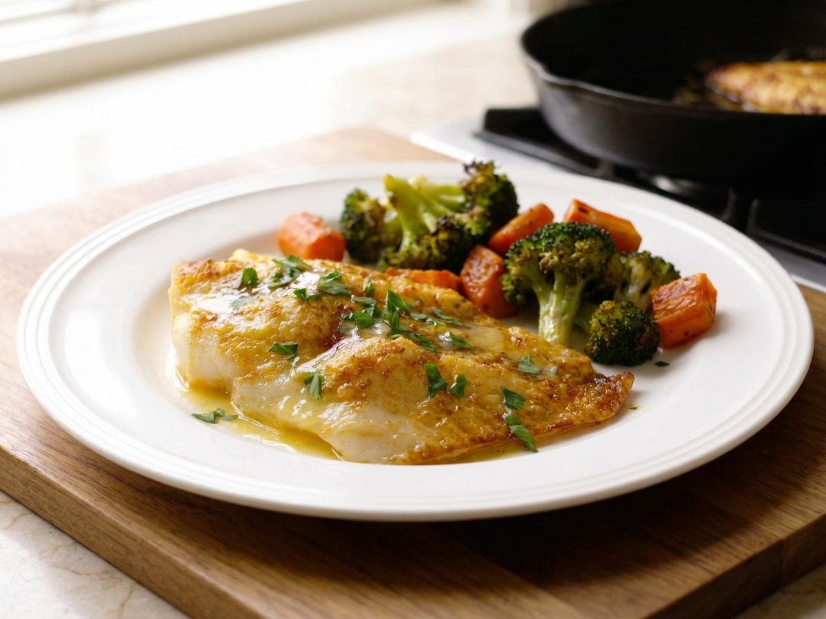A plated pan-seared orange roughy fillet with golden edges, spooned with glossy lemon butter sauce and sprinkled with chopped parsley on a white dinner plate