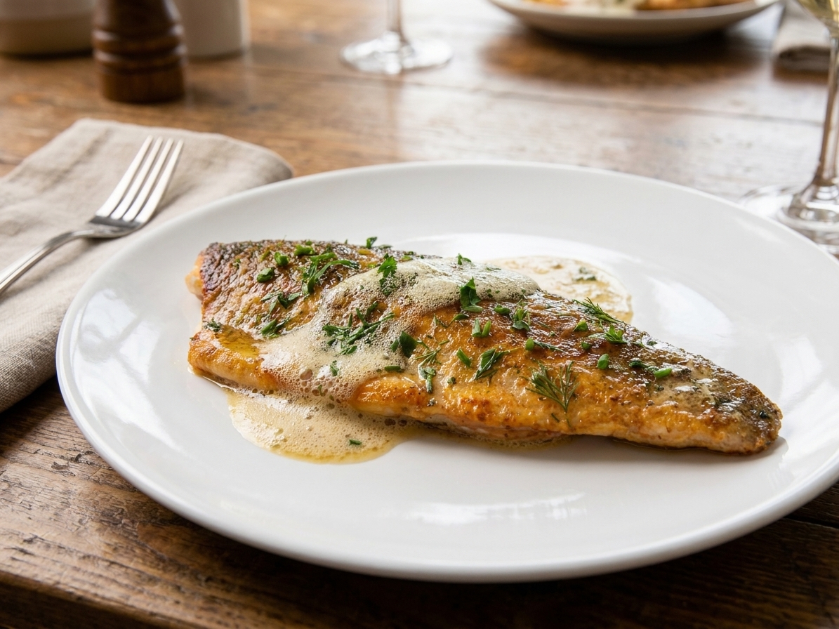 A plated pan-seared rainbow trout fillet with crispy skin, spooned with lemon brown butter and sprinkled with parsley on a simple white dinner plate