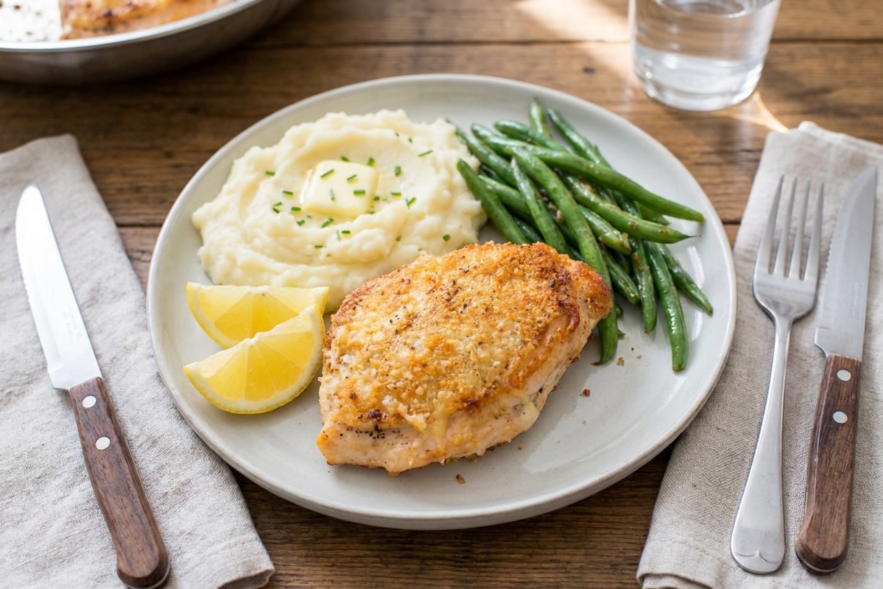 A plated parmesan crusted chicken breast with a golden, crunchy topping and lemon wedges on a wooden dinner table with a simple weeknight place setting
