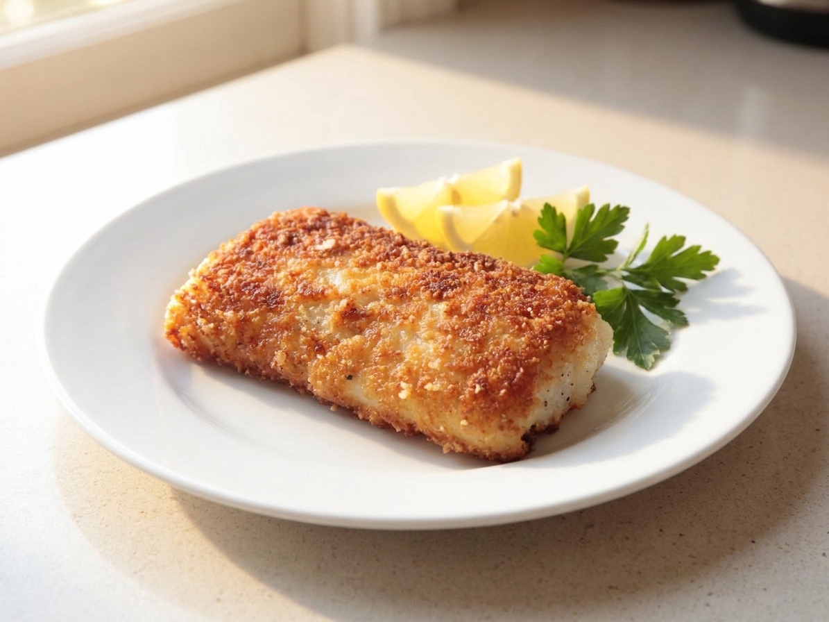 A plated piece of golden, crispy pan-fried cod with lemon wedges and parsley on a simple white plate, set on a light kitchen table with soft natural light