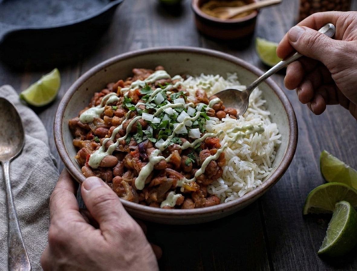 A plated pinto bean and rice bowl topped with chopped cilantro, diced onion, and a drizzle of creamy lime sauce on a neutral dinner table