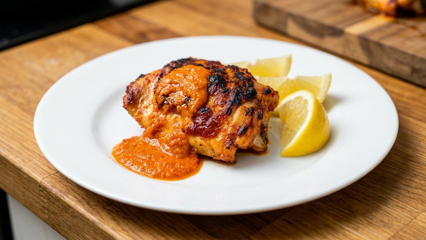 A plated piri piri chicken thigh with charred edges, a spoonful of red sauce, and lemon wedges on a simple dinner plate