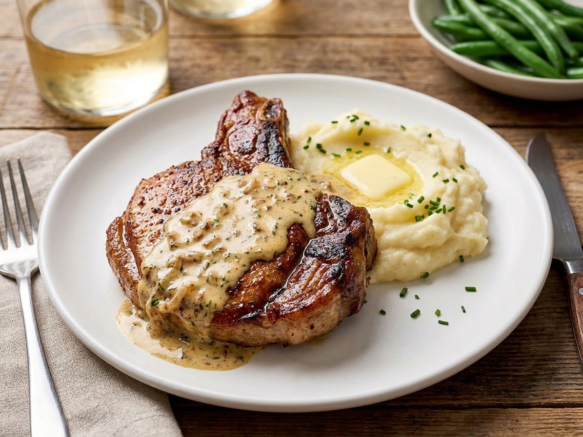 A plated pork chop topped with creamy Dijon sauce beside mashed potatoes on a simple dinner table setting