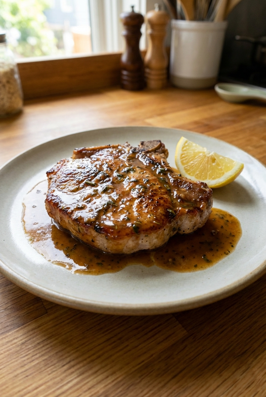 A plated pork chop with glossy pan sauce and a wedge of lemon on a simple weeknight dinner plate
