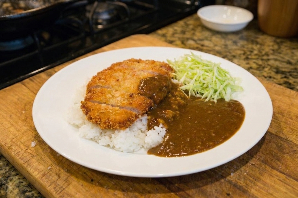 A plated pork katsu curry with sliced golden-brown panko-crusted pork cutlet over white rice, glossy brown curry sauce on the side, and a small pile of shredded cabbage on a simple ceramic plate on a wooden table