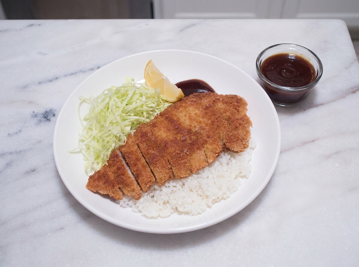 A plated pork katsu dinner with sliced cutlet over rice, shredded cabbage on the side, and a small ramekin of katsu sauce on a simple table setting