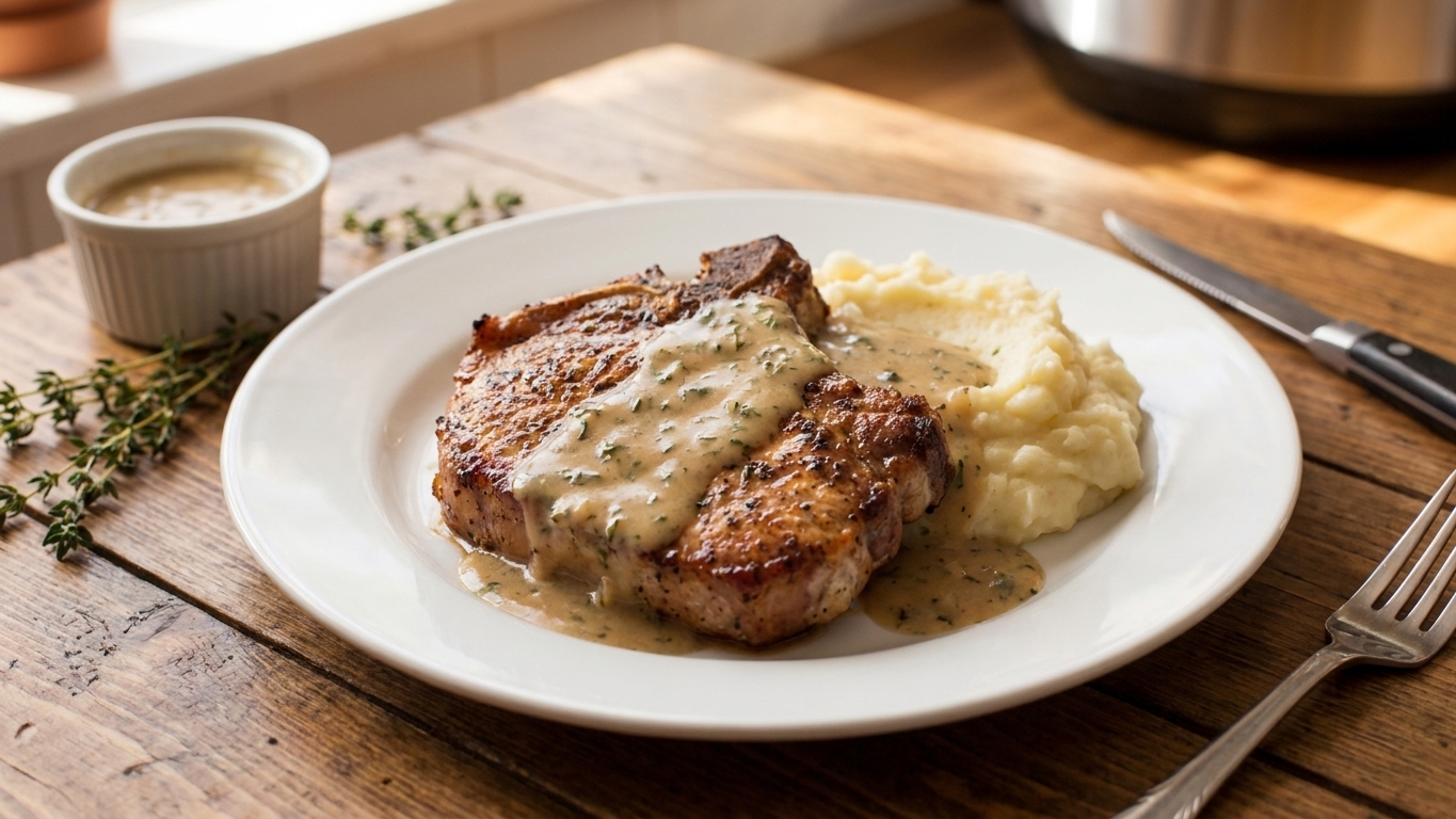 A plated pork loin chop covered in creamy herb gravy next to mashed potatoes on a simple white dinner plate at a wooden table