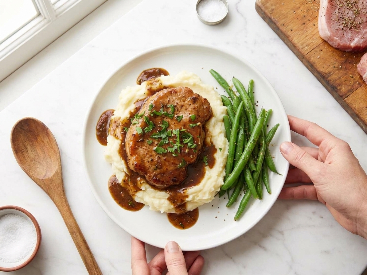 A plated pork loin chop on mashed potatoes with thick garlic herb gravy spooned over the top, served with green beans