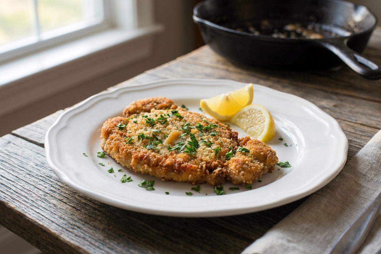 A plated pork schnitzel with a golden, crisp breadcrumb crust, lemon wedges, and chopped parsley on a white plate set on a warm kitchen table