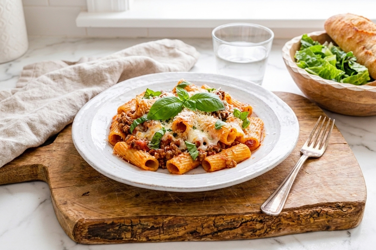 A plated portion of baked rigatoni topped with fresh basil and grated parmesan, with a fork on the side and a simple table setting