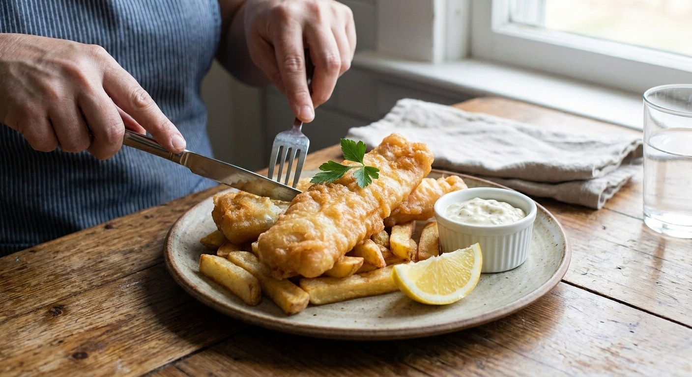 A plated portion of crispy battered fish with thick-cut chips, a lemon wedge, and a small cup of tartar sauce on a dinner table.