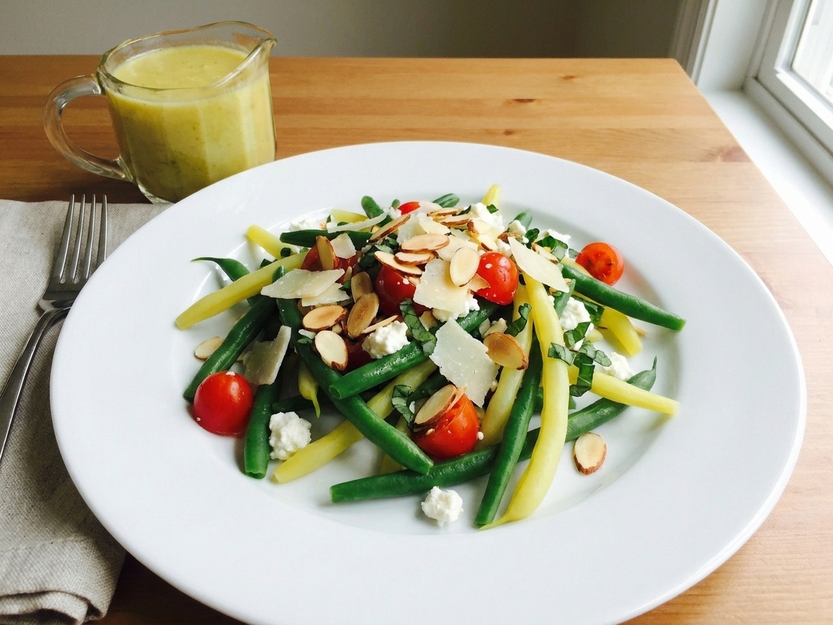 A plated portion of green bean salad topped with shaved parmesan and toasted almonds on a simple dinner table setting