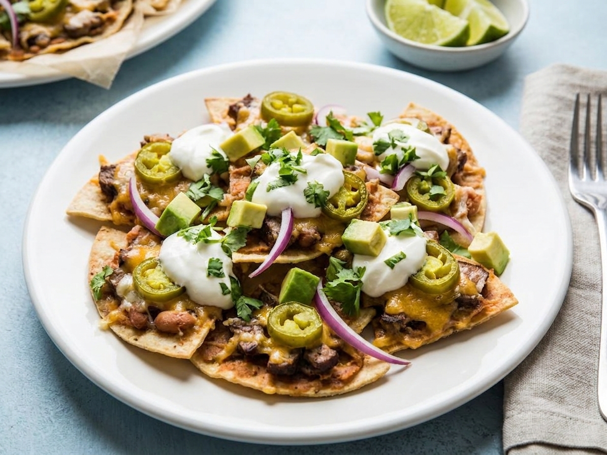 A plated portion of nachos topped with sour cream, cilantro, and diced avocado on a simple dinner table setting