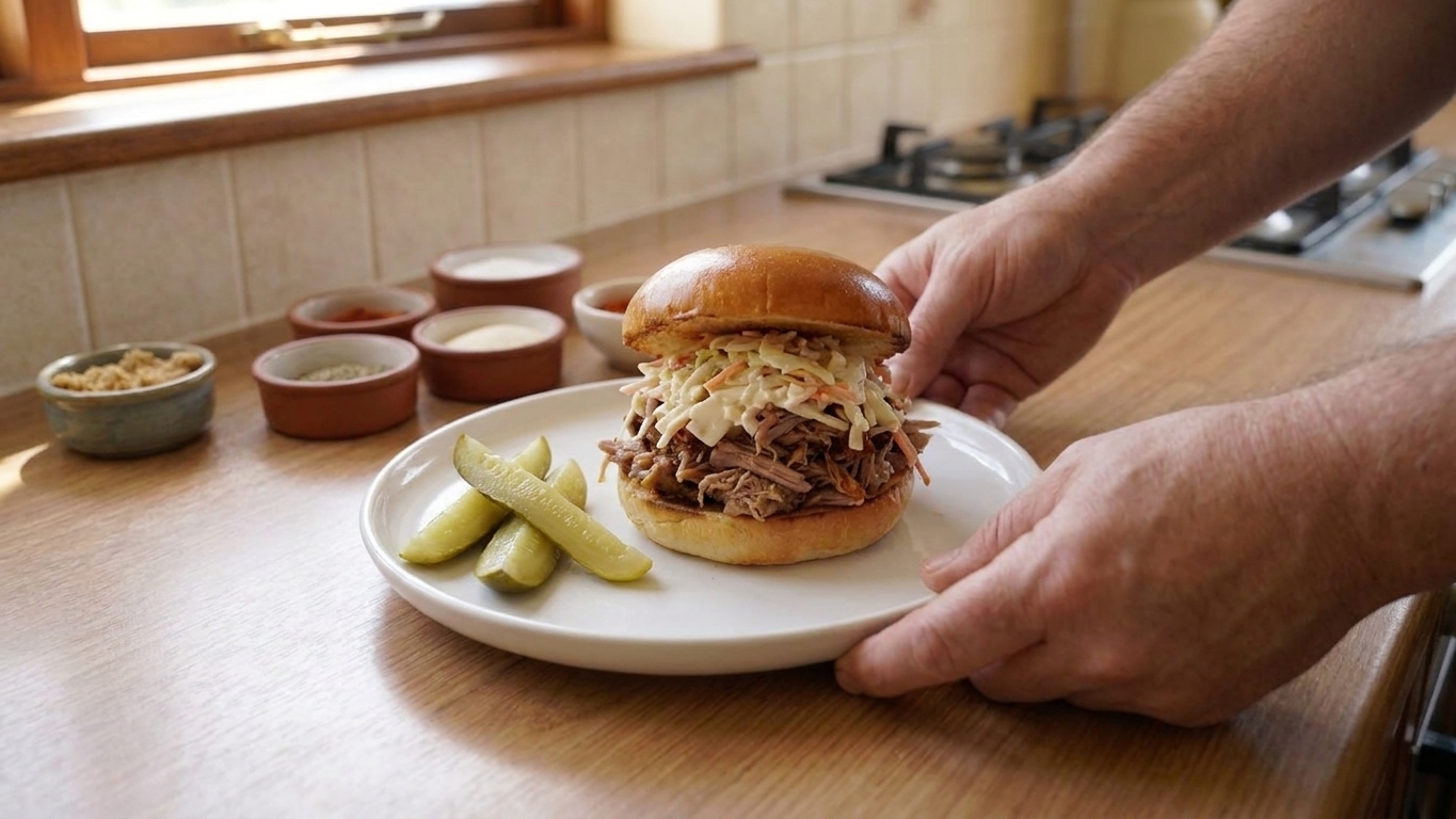 A plated pulled pork sandwich on a soft bun topped with creamy coleslaw, with pickle spears on the side on a simple table setting