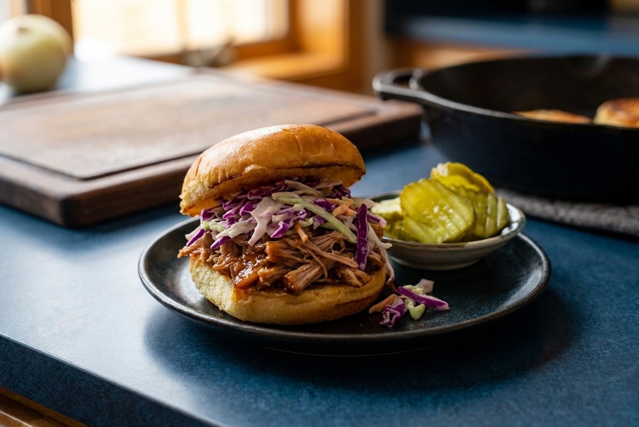 A plated pulled pork sandwich topped with crunchy coleslaw, served with pickles on the side at a wooden kitchen table