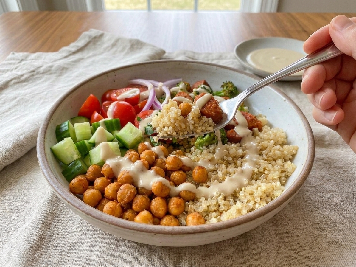 A plated quinoa bowl topped with crispy roasted chickpeas, diced cucumber, cherry tomatoes, shredded carrots, and a drizzle of lemon tahini sauce on a neutral linen table setting