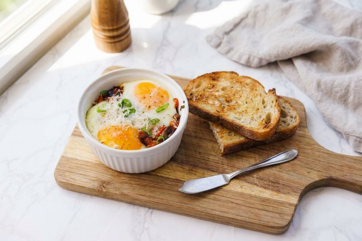 A plated ramekin of cheesy baked eggs on a wooden table with sliced toast on the side and a small butter knife, casual breakfast setting