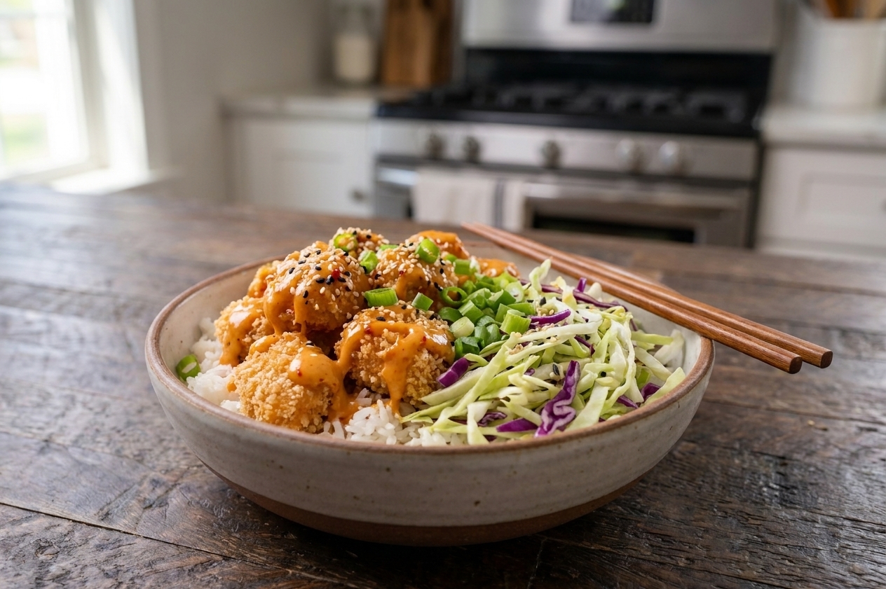 A plated rice bowl topped with crispy bang bang chicken, shredded cabbage, green onions, and sesame seeds on a simple dinner table