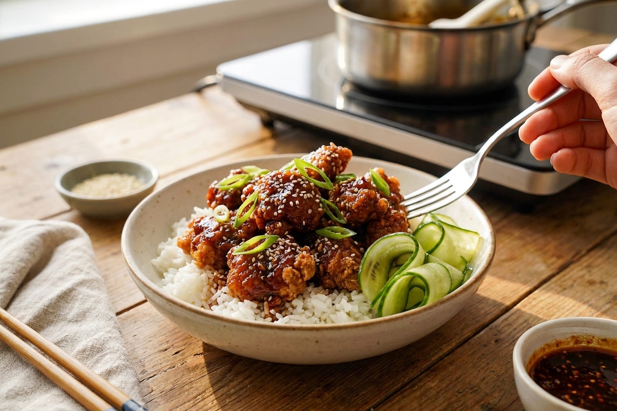 A plated rice bowl topped with crispy glazed chicken, sesame seeds, sliced scallions, and quick cucumber ribbons on a wooden kitchen table in warm natural light