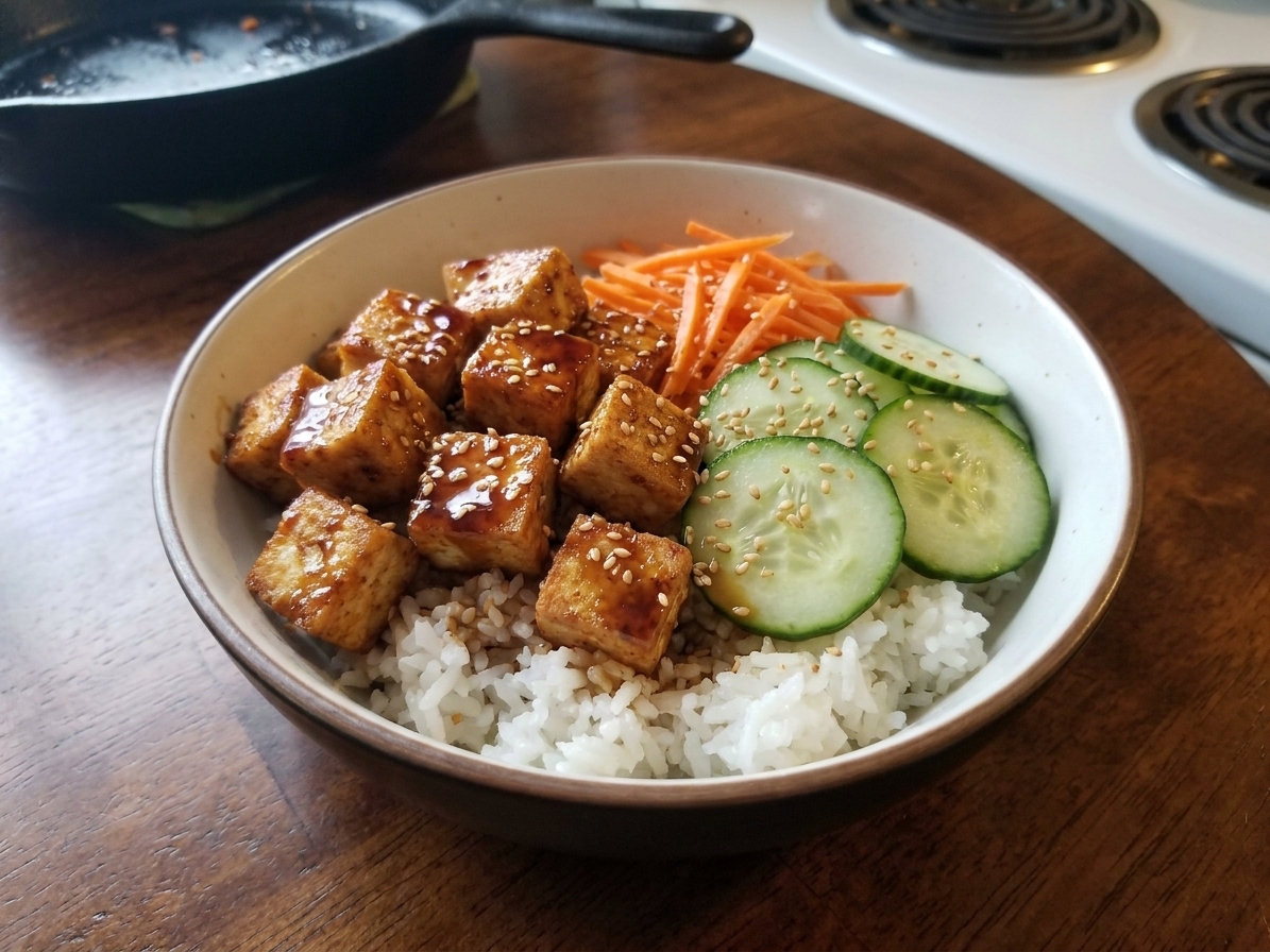 A plated rice bowl topped with glazed crispy tofu, sliced cucumbers, shredded carrots, and sesame seeds on a light kitchen table