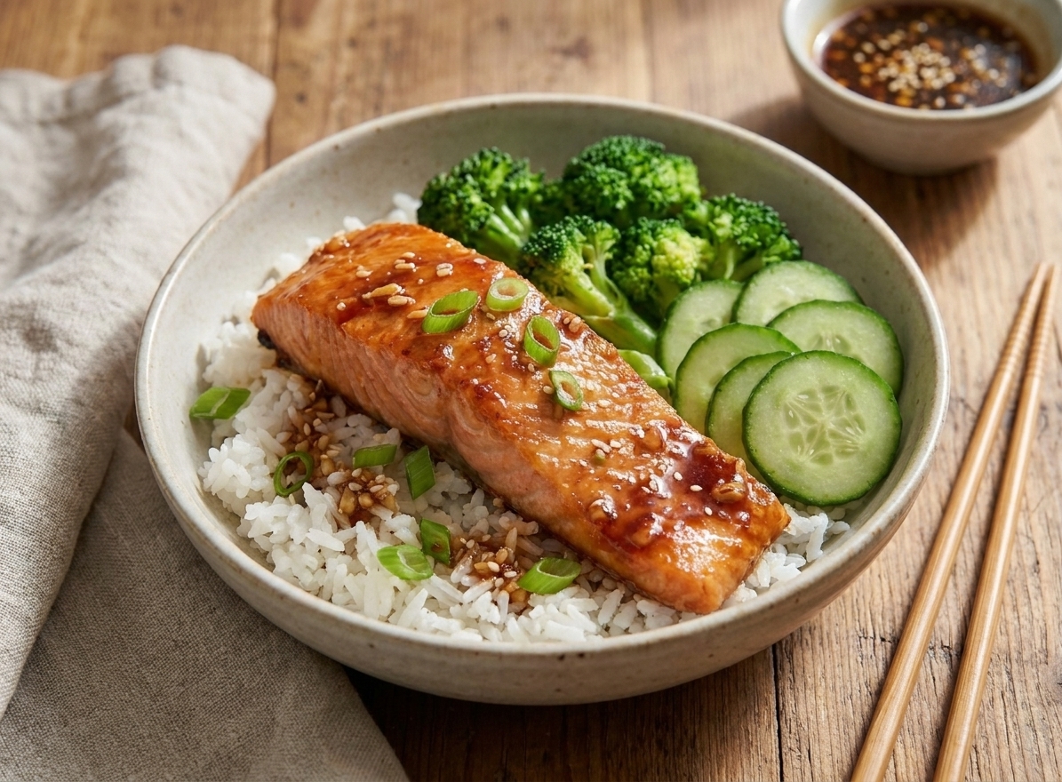 A plated rice bowl topped with glazed salmon, sliced cucumbers, steamed broccoli, scallions, and sesame seeds on a simple dinner table setting