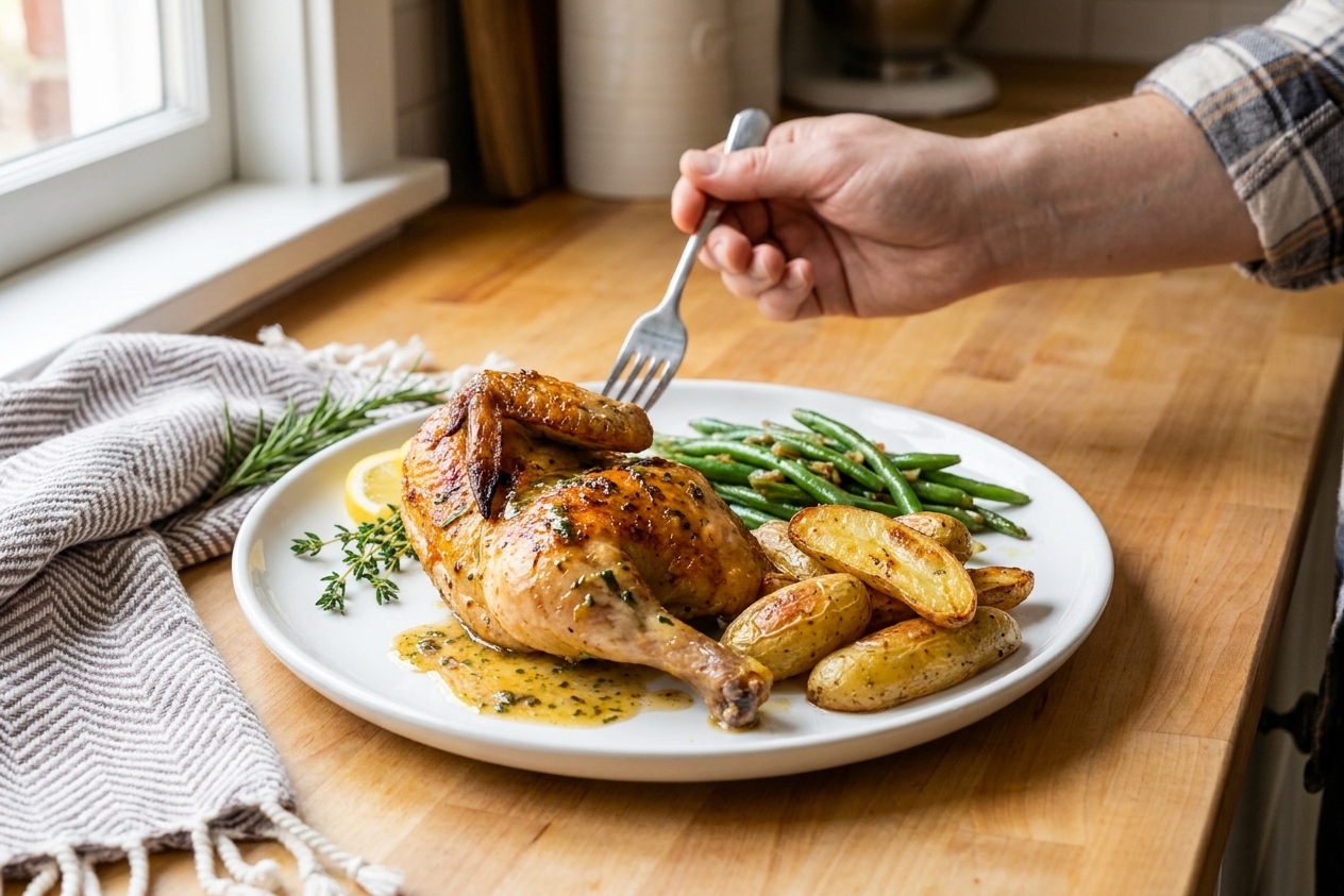 A plated roasted Cornish game hen half with crispy skin, spooned with pan sauce, served with roasted potatoes and green beans on a simple white plate