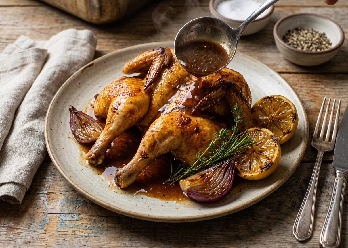 A plated roasted Cornish game hen half with pan sauce, roasted onions, and lemon wedges on a dinner plate at a simple table setting