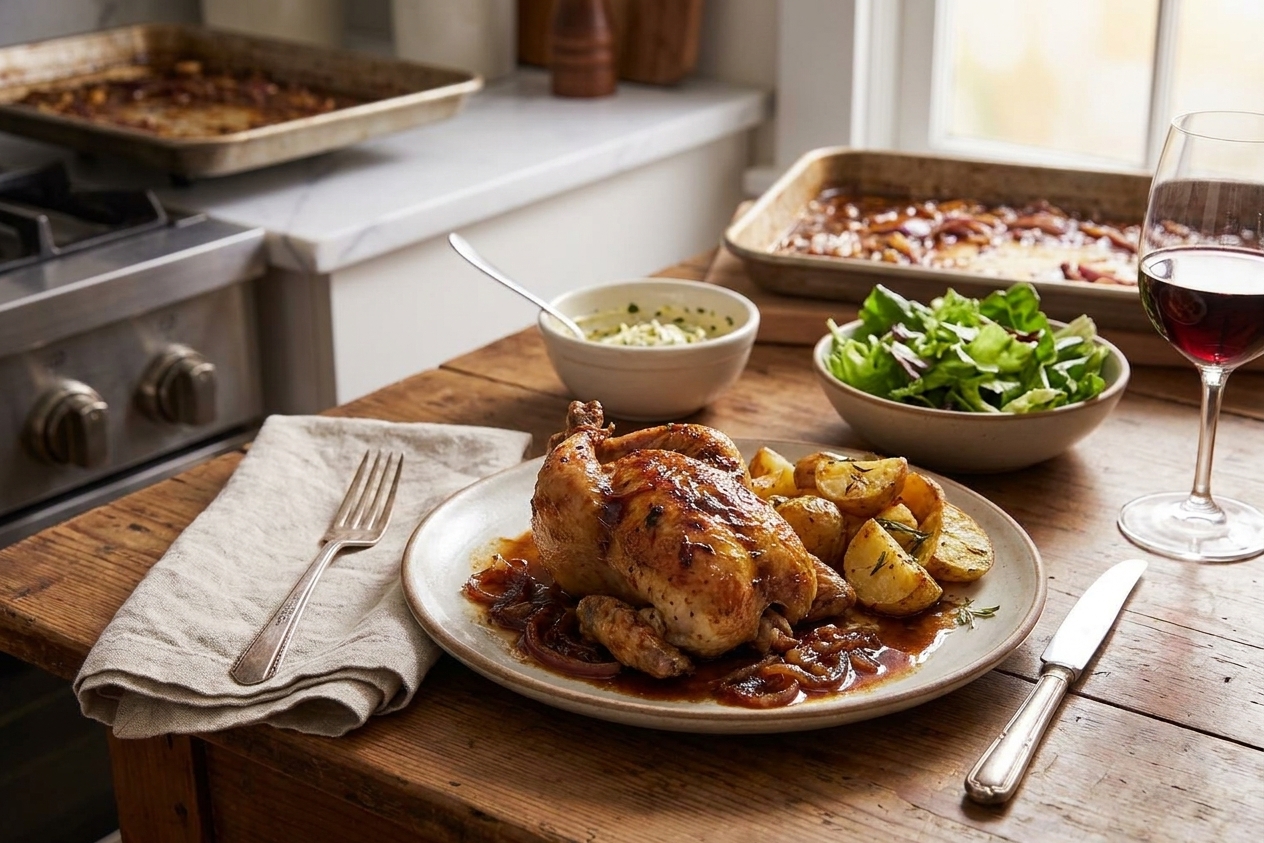 A plated roasted Cornish game hen with pan sauce, roasted potatoes, and a simple green salad on a rustic dinner table