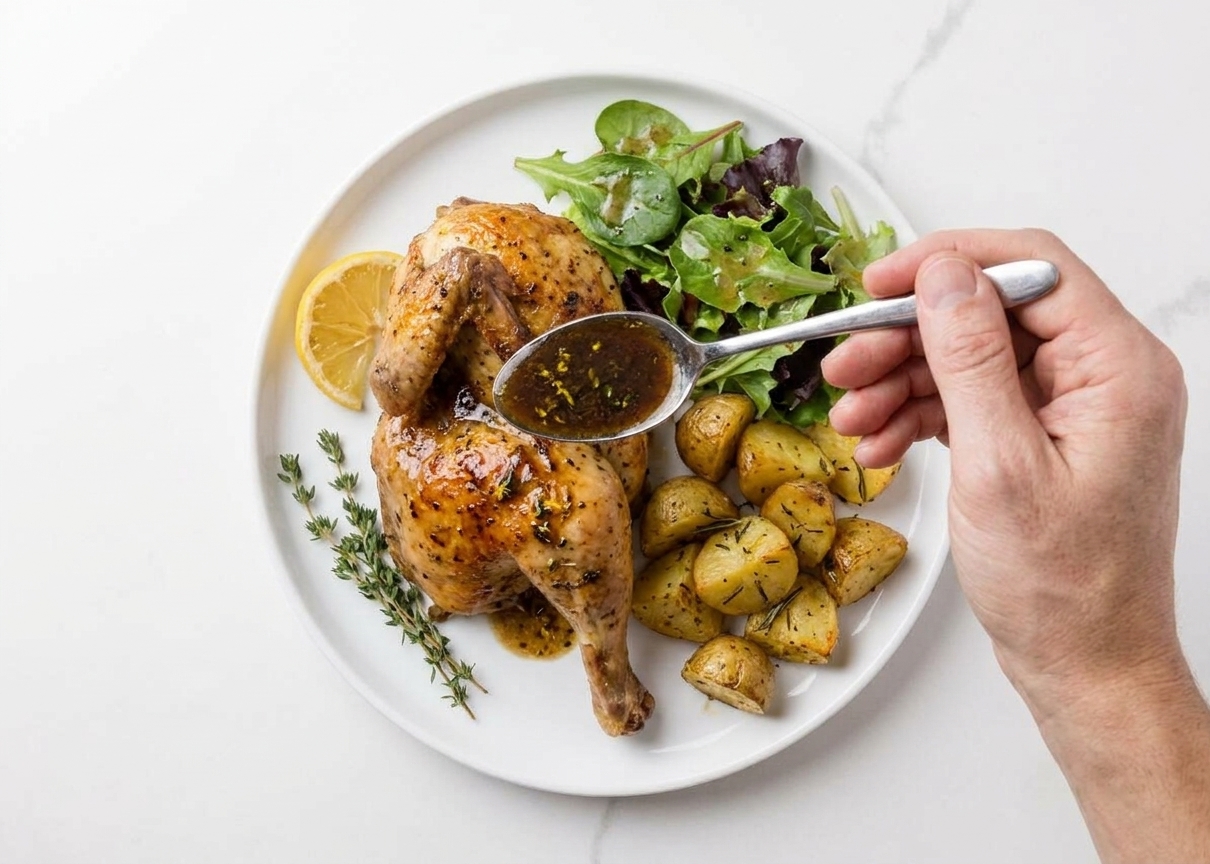 A plated roasted Cornish hen half with lemon pan sauce, roasted potatoes, and a simple green salad on a white dinner plate