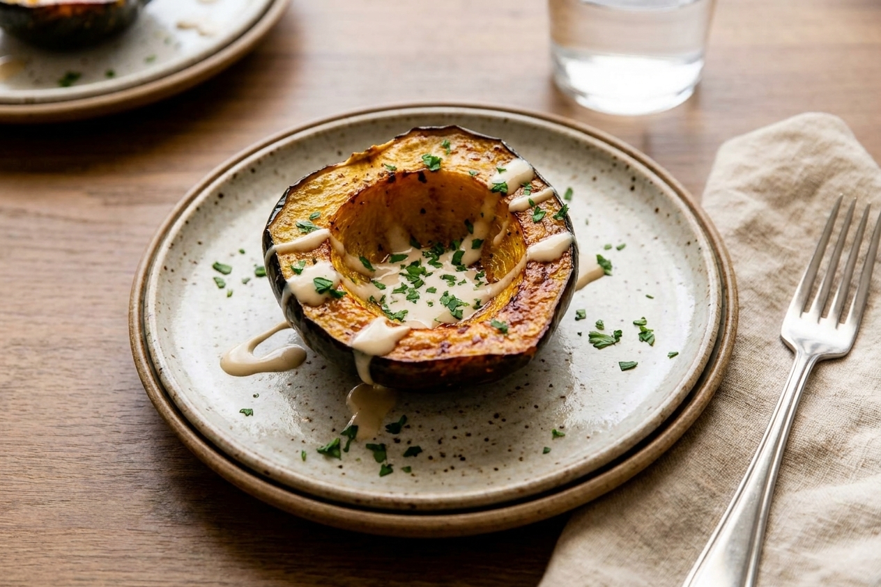 A plated roasted acorn squash half on a dinner table with a fork, napkin, and simple weeknight place setting