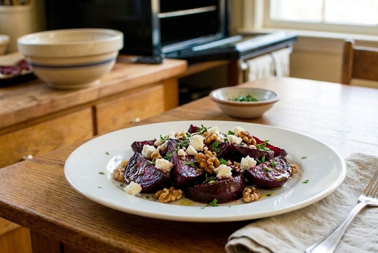 A plated roasted beetroot salad with crumbled goat cheese, toasted walnuts, and fresh herbs on a simple white plate at a dining table