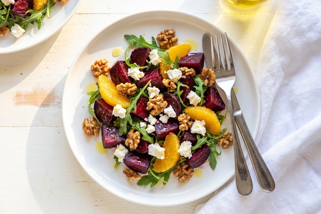 A plated roasted beetroot salad with orange segments, crumbled feta, arugula, and toasted walnuts on a white plate on a sunlit kitchen table