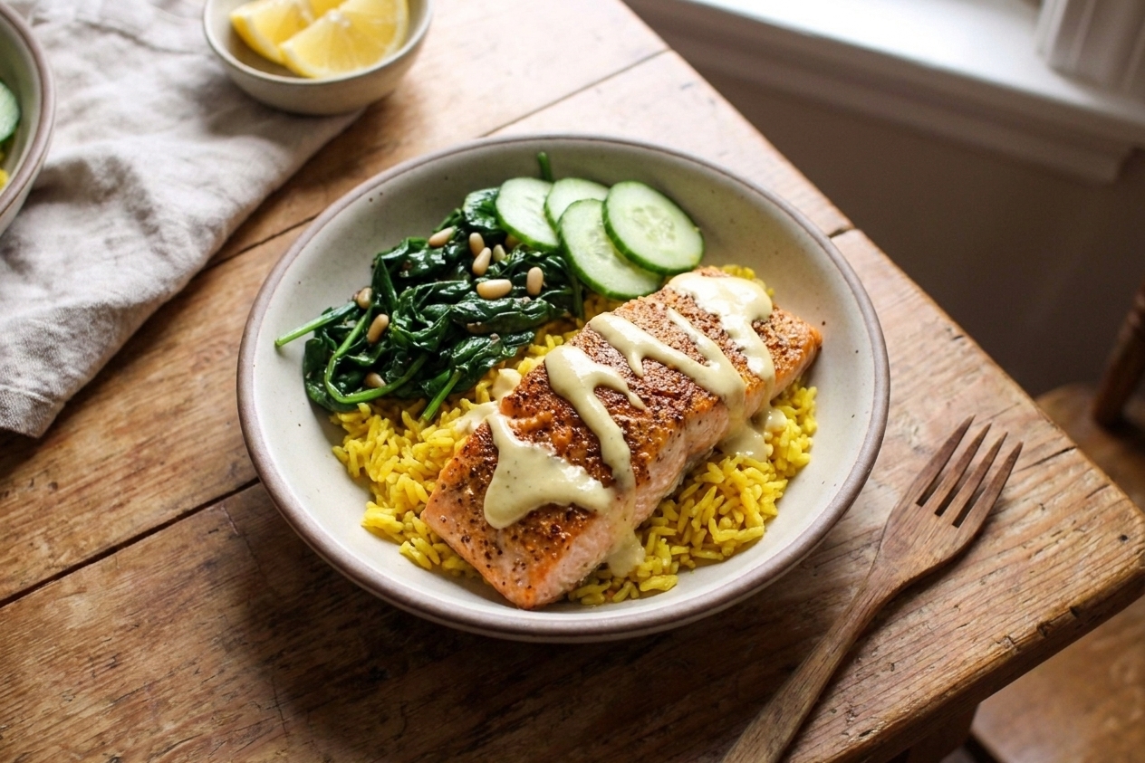 A plated salmon bowl with turmeric rice, sautéed greens, sliced cucumber, and a drizzle of tahini lemon sauce on a neutral ceramic bowl at a kitchen table