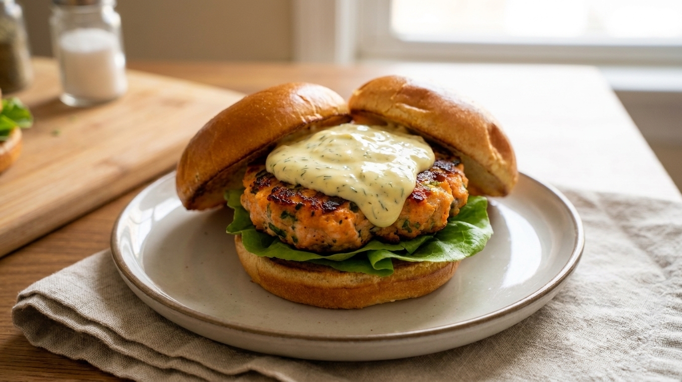 A plated salmon burger on a toasted bun with lettuce and a creamy lemon-dill sauce, with golden crisp edges visible, on a simple kitchen table setting in natural light