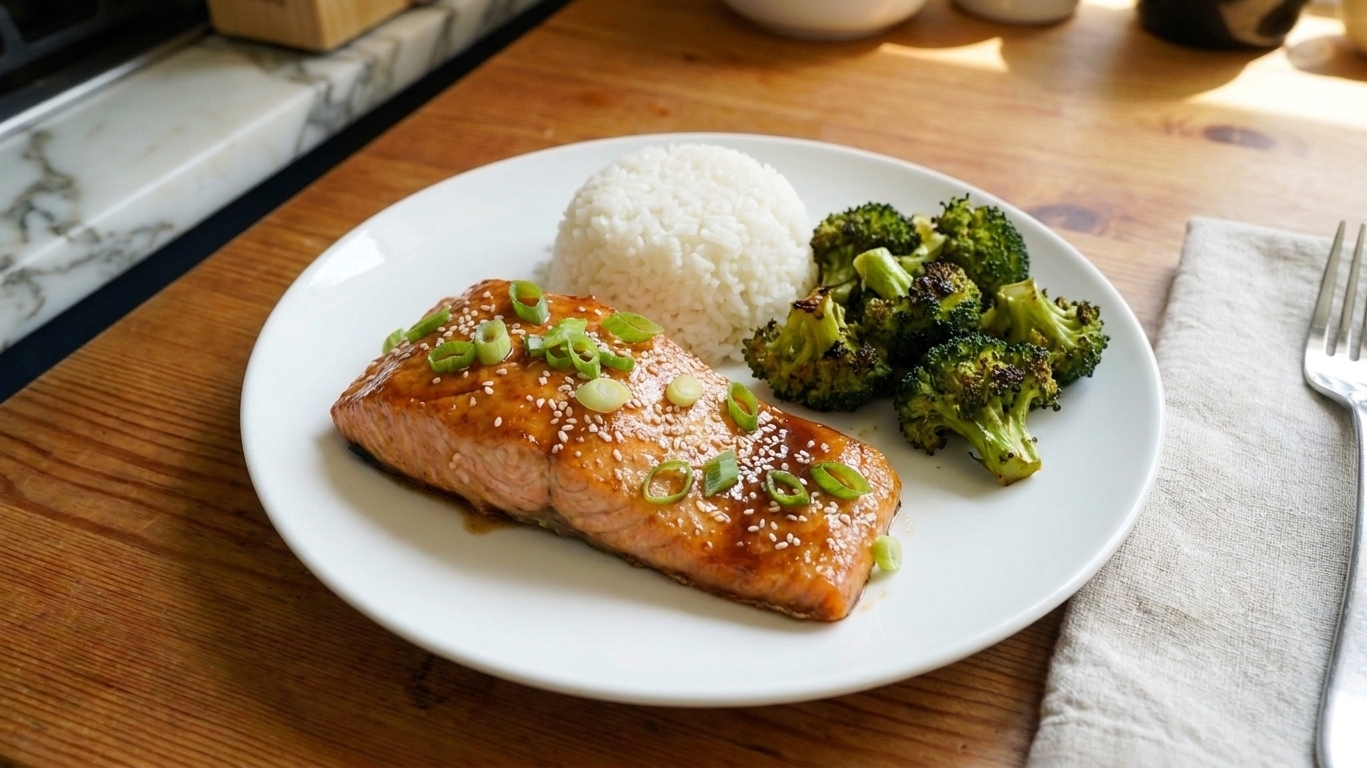 A plated salmon fillet coated in shiny glaze with a side of rice and roasted broccoli on a dinner table with a simple place setting
