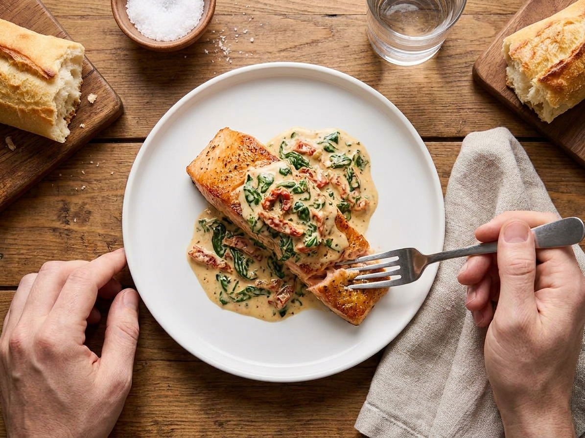 A plated salmon fillet topped with creamy sauce, spinach, and sun-dried tomatoes on a simple dinner table setting