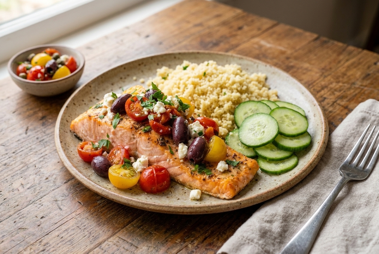A plated salmon fillet topped with tomato olive feta mixture next to fluffy couscous and sliced cucumbers on a simple table setting