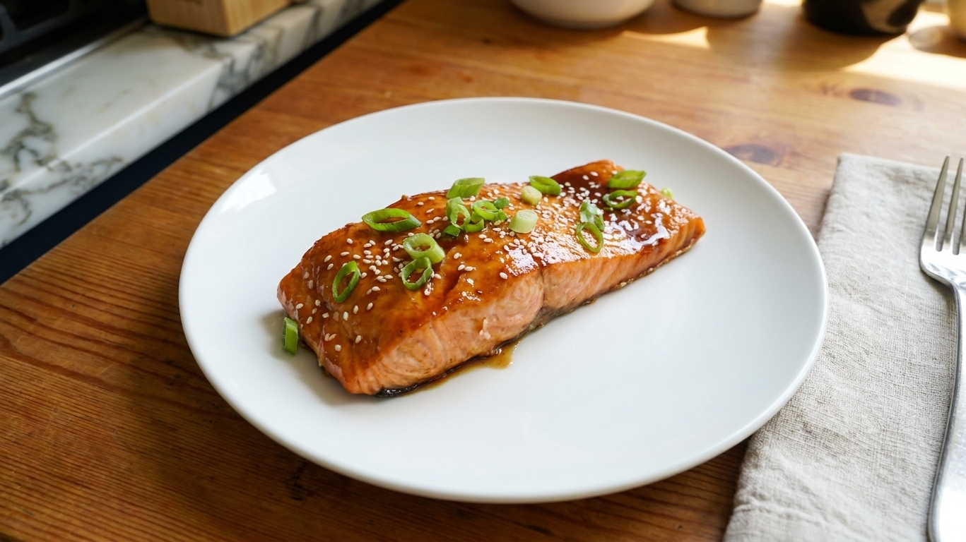 A plated salmon fillet with a glossy honey soy glaze, sprinkled with sliced scallions and sesame seeds, served on a simple white plate on a warm kitchen table