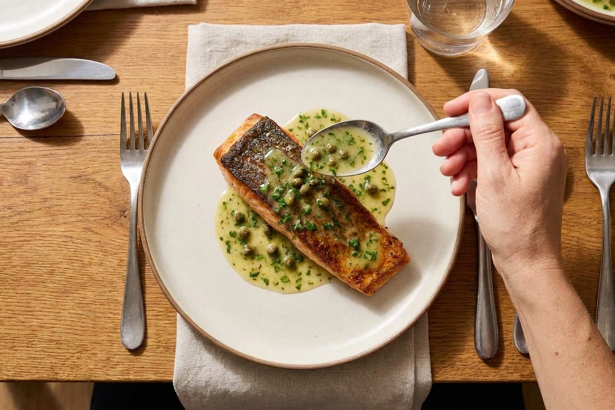 A plated salmon fillet with crispy skin on a simple dinner plate, topped with a spoon of lemon butter caper sauce and parsley, set on a neatly set table with a linen napkin