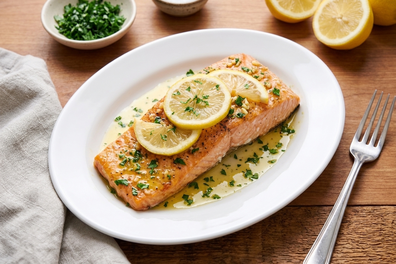 A plated salmon fillet with lemon wedges and chopped parsley on a white dinner plate beside a fork and a linen napkin on a wooden table